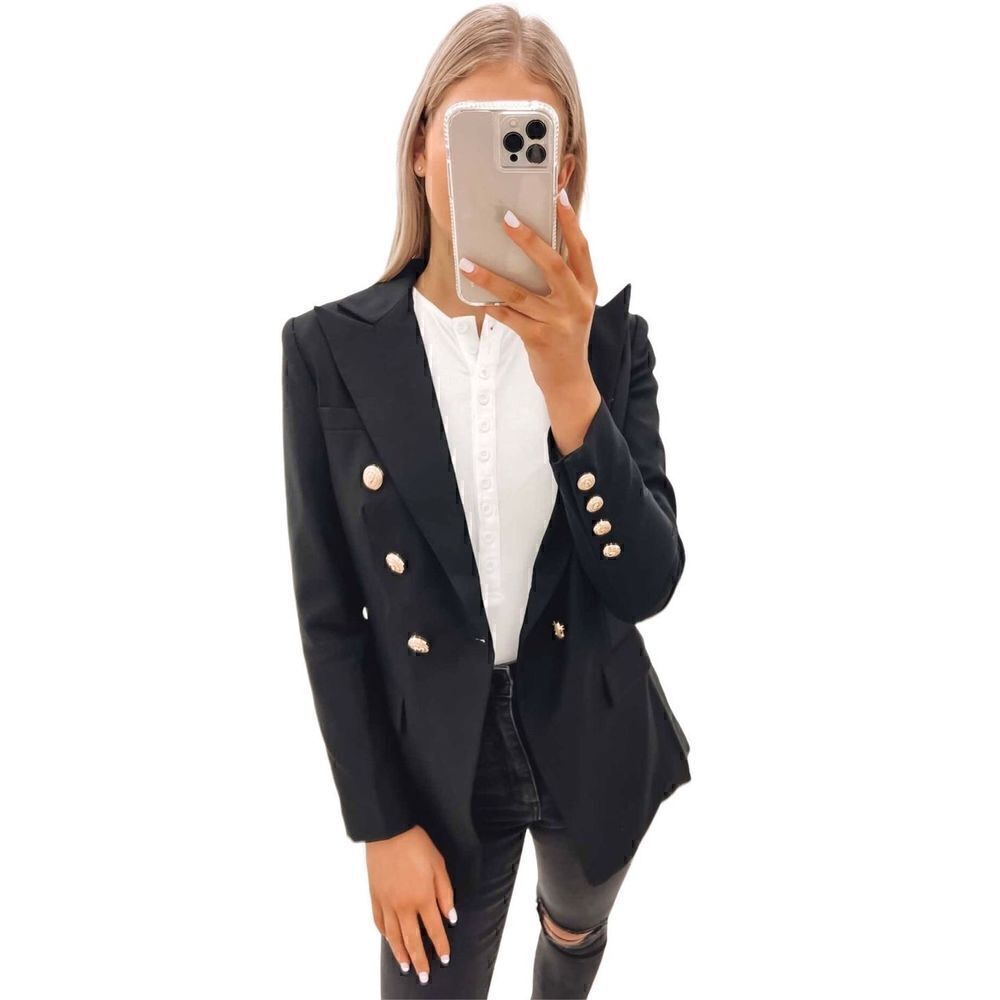 Inffinity Store black dressy blazer with gold accent buttons with infinity symbo